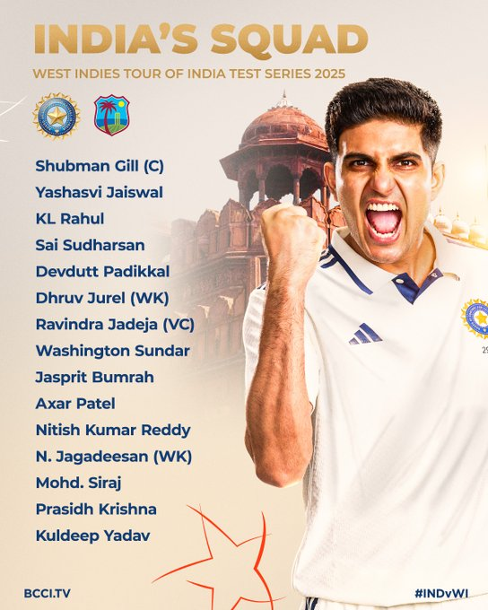 India vs West Indies Upcoming Test Series 2025 , India Squad
