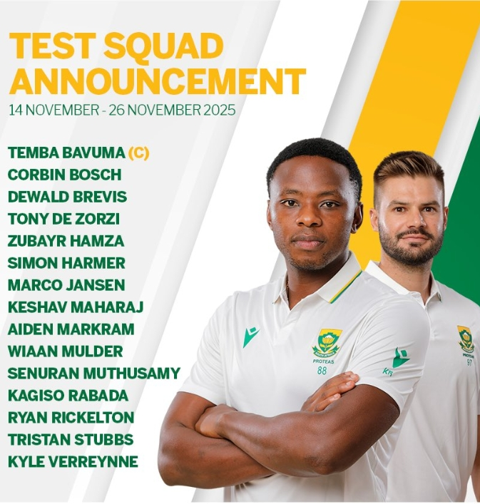 South Africa Squad Of Tests against India in Nov 2025