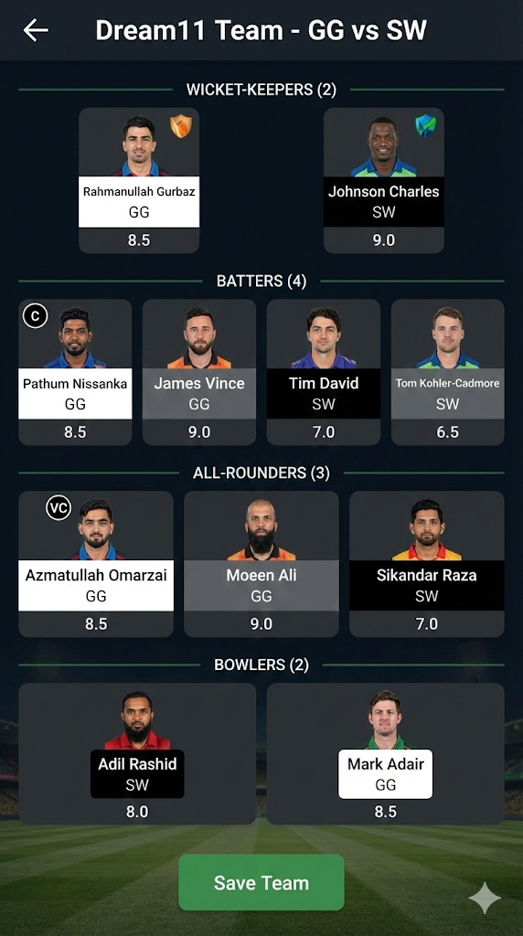 Gulf Giants vs Sharjah Warriorz Dream11 Prediction : Must-Have Players & Risky Picks.. 4 Gulf Giants vs Sharjah Warriorz Dream11 Team