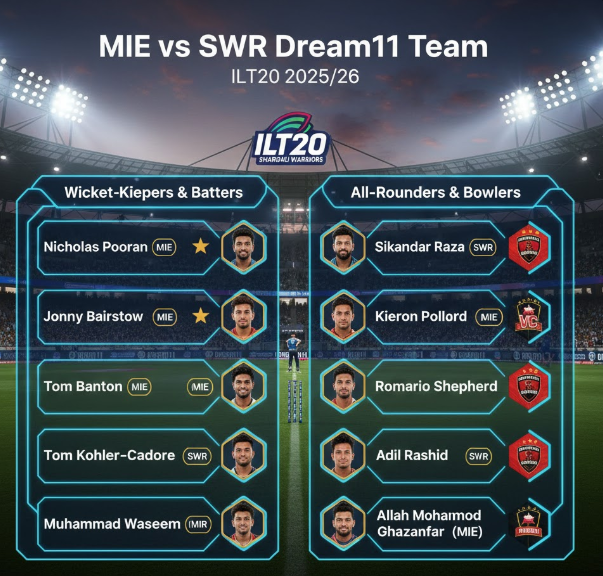 MIE vs SWR Dream11 Prediction: ILT20 Match 14 - Top Fantasy Picks & Grand League Tips.. 4 Dream11 Team MIE vs SWR