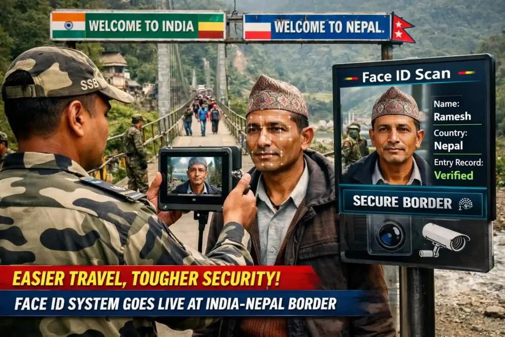 SSB officer using Face ID system at India Nepal border bridge in Pithoragarh